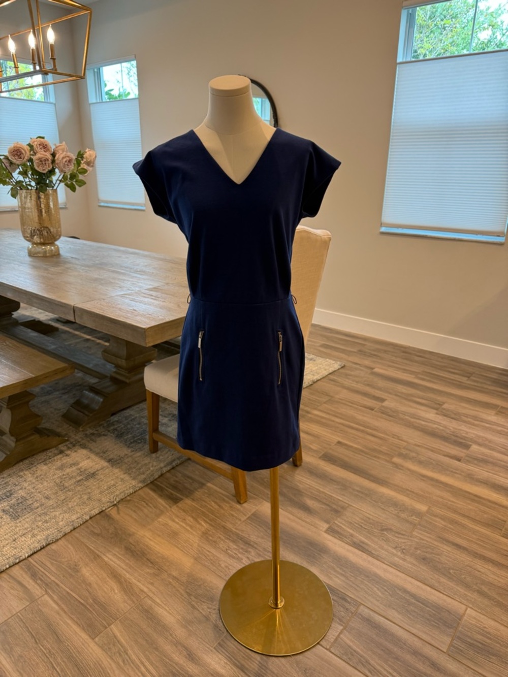 NWT! MICHAEL Michael Kors Navy V-Neck Mini Dress with belt and zipper details